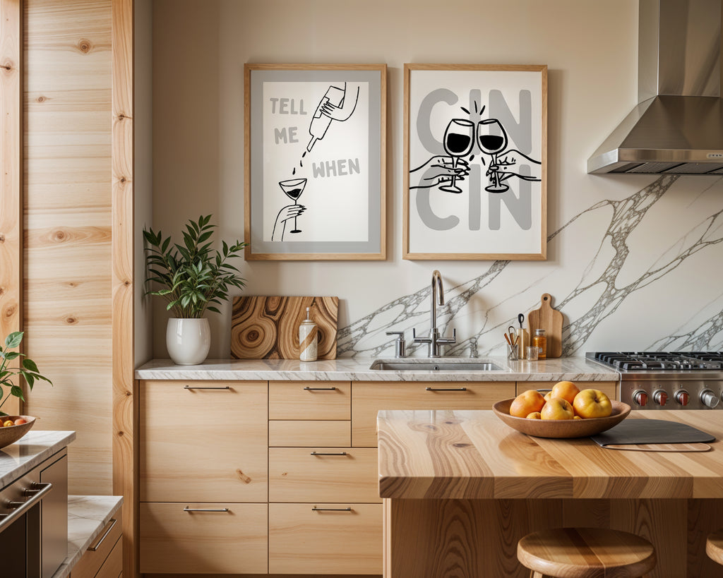 Minimal Bar Cart Wall Art Set - Happy Hour Decor