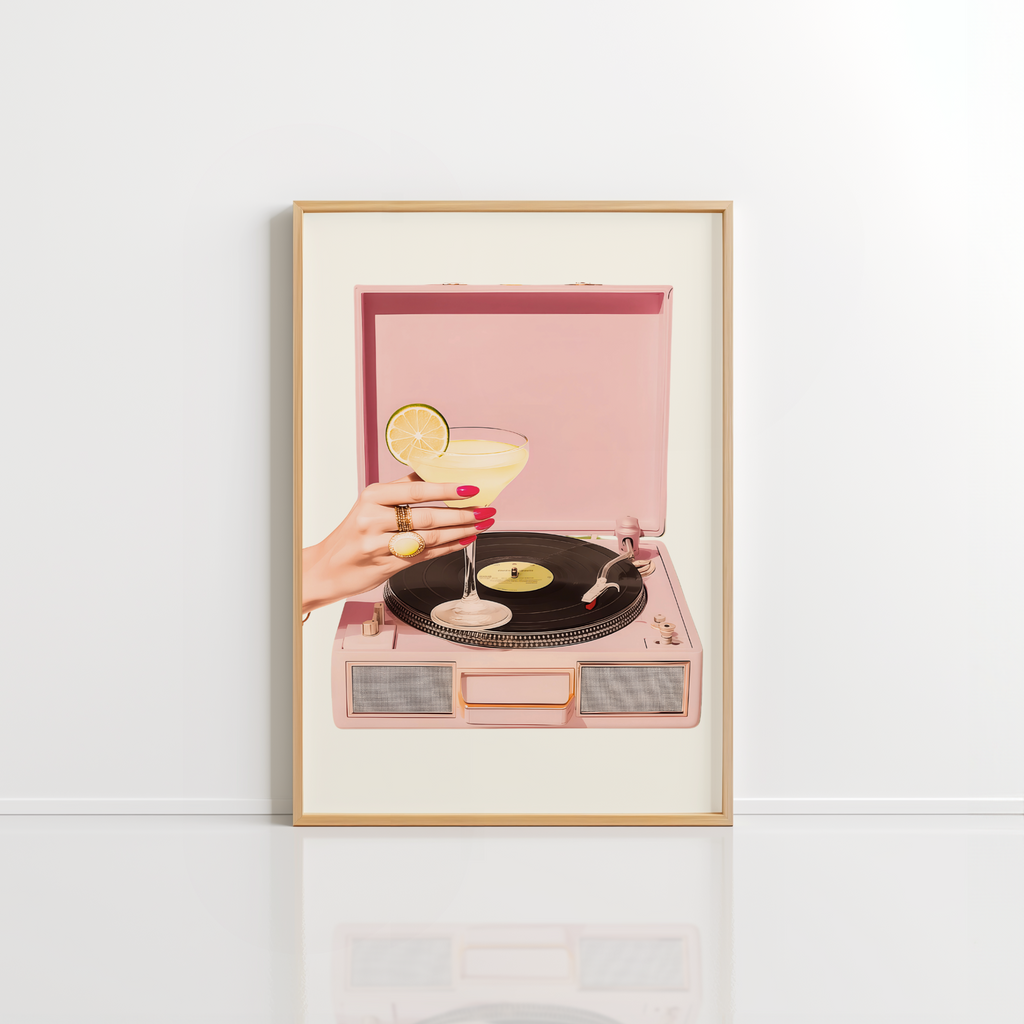 Pink Record Player Wall Art – Cocktail Aesthetic
