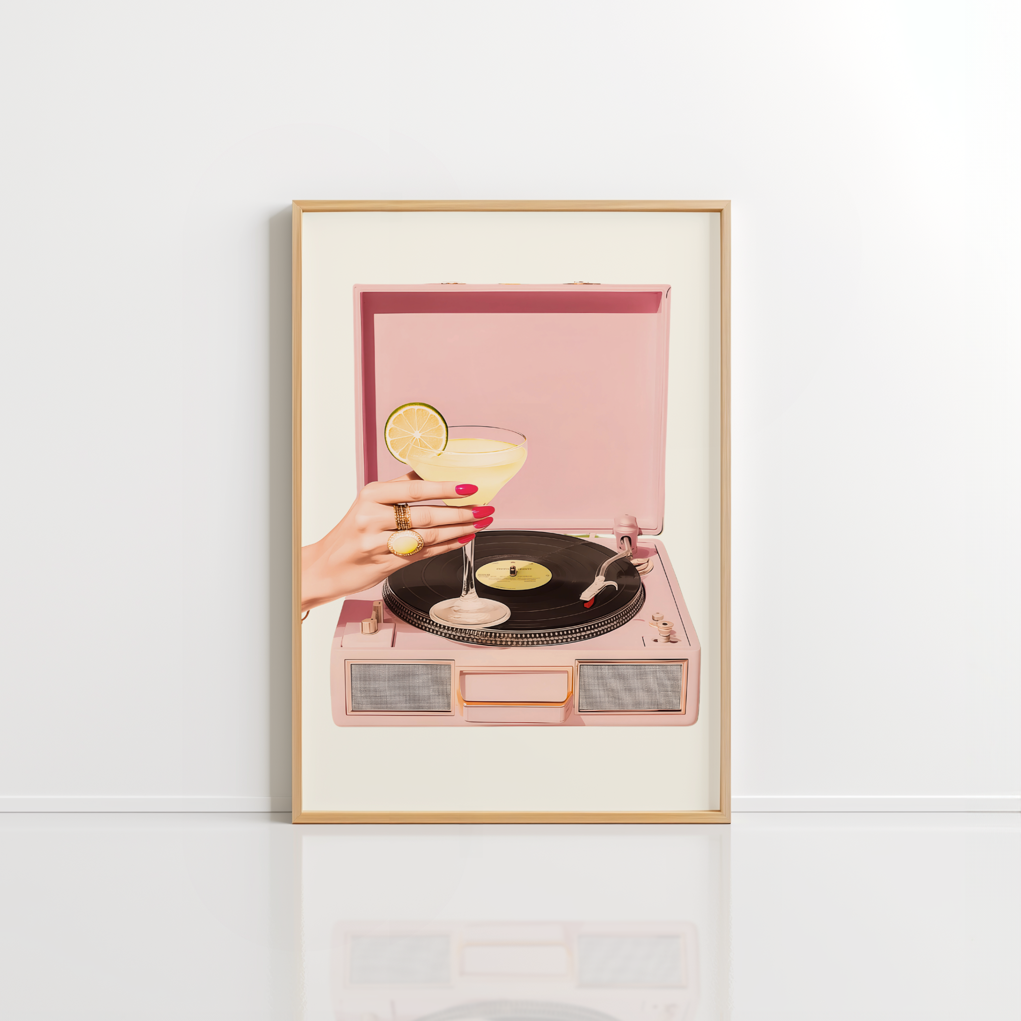 Pink Record Player Wall Art – Cocktail Aesthetic