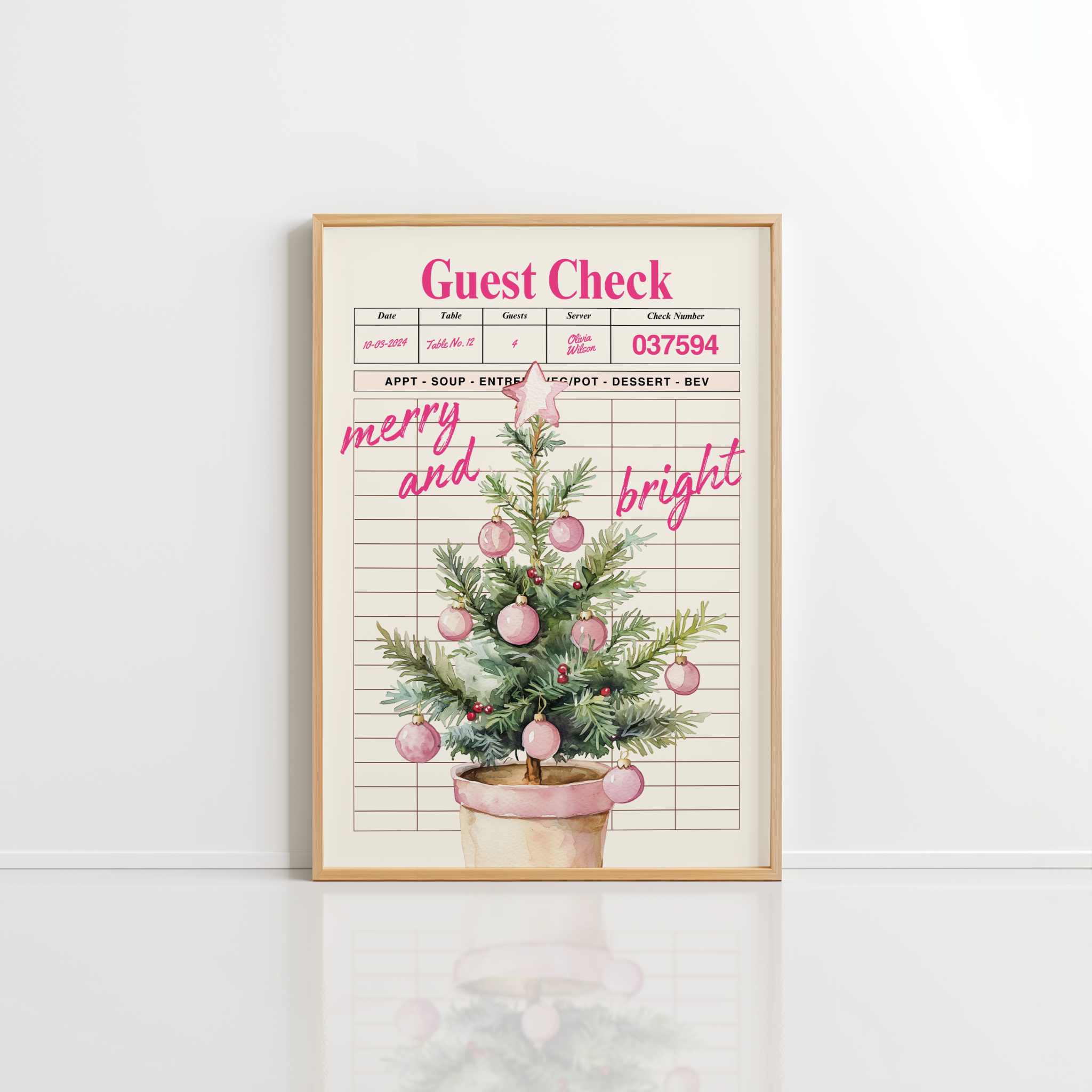 Pink Christmas Guest Check Wall Art – Holiday Print