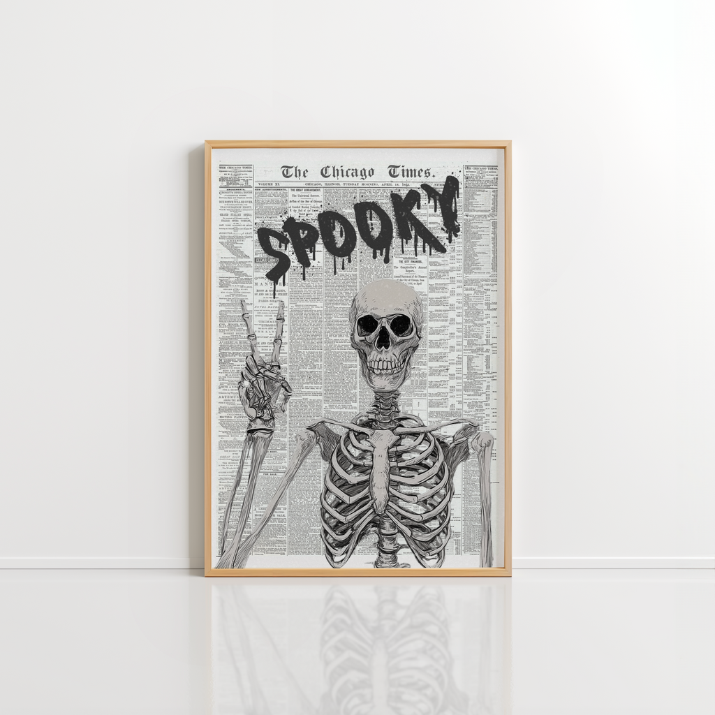 Spooky Newspaper Wall Art – Halloween Skeleton