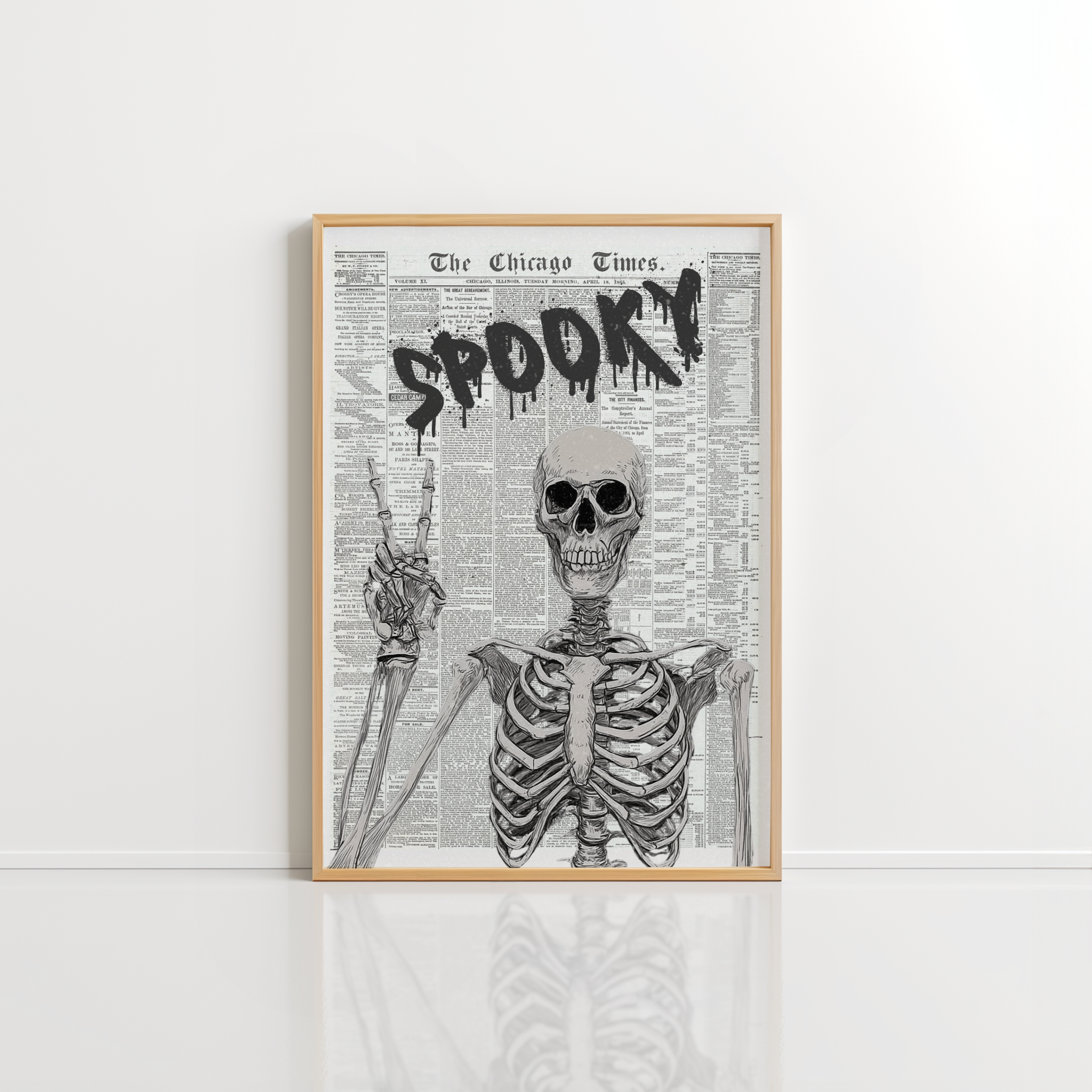 Spooky Newspaper Wall Art – Halloween Skeleton