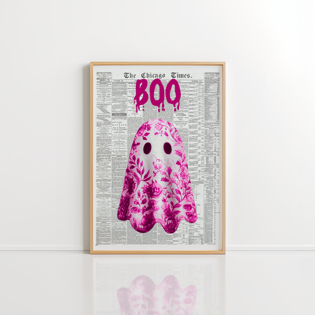 Pink Ghost Wall Art – Halloween Newspaper Print
