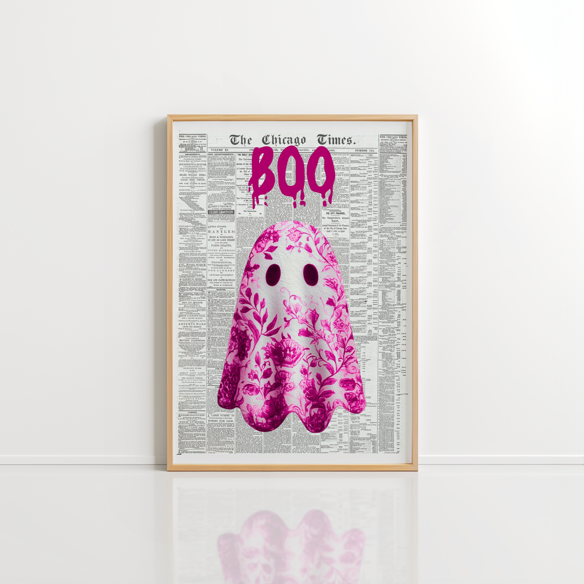 Pink Ghost Wall Art – Halloween Newspaper Print