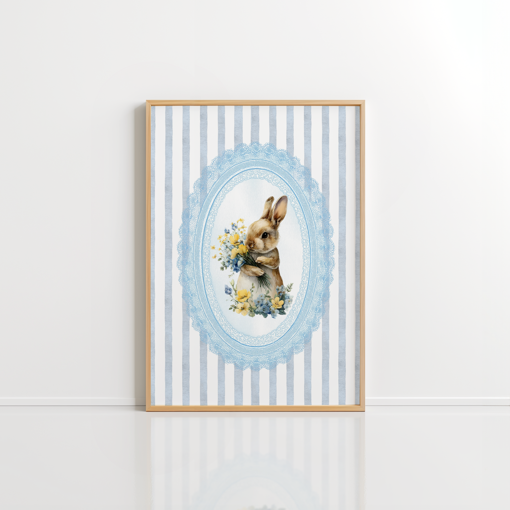 Bunny Nursery Wall Art – Blue Floral Baby Print