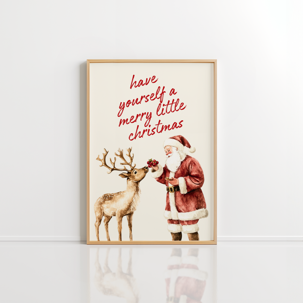 Vintage Christmas Wall Art – Santa Reindeer Print