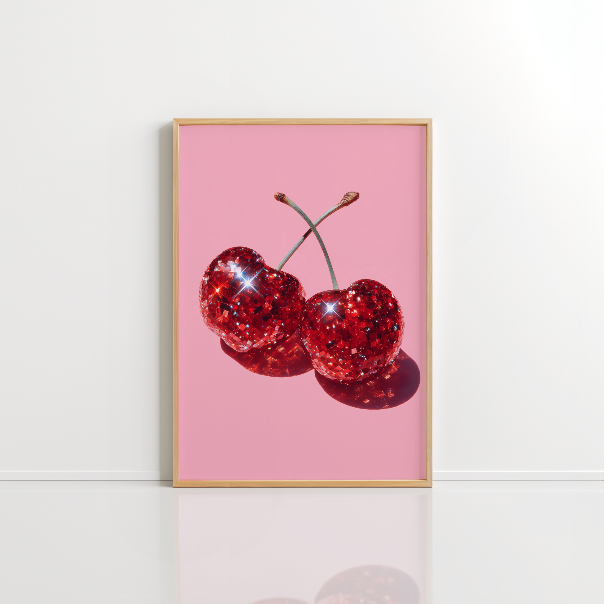 Disco Cherry Wall Art – Sparkly Pink Retro Print