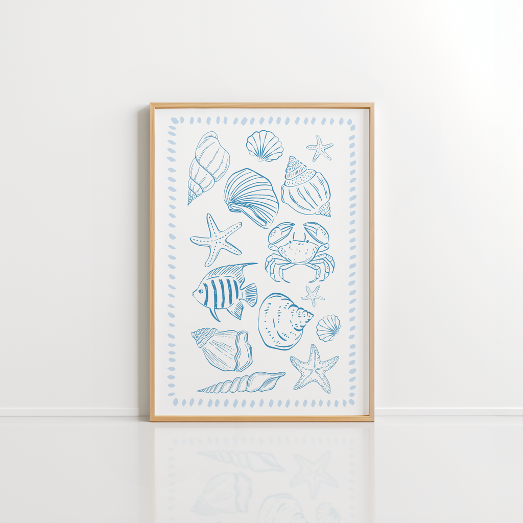 Coastal Shells Wall Art – Blue Nautical Print