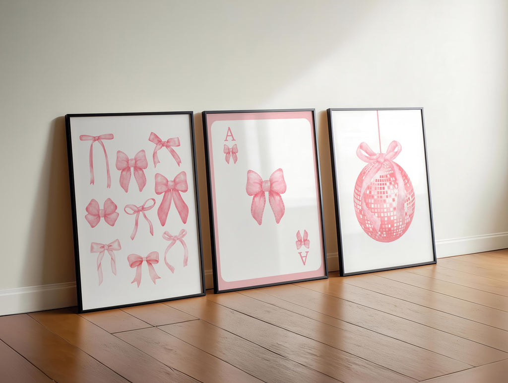 Trendy Pink Bows Wall Art Set of 3 Preppy poster College Apartment Decor Watercolor Bows Print Coquette Room decor Girly Wall Art DIGITAL