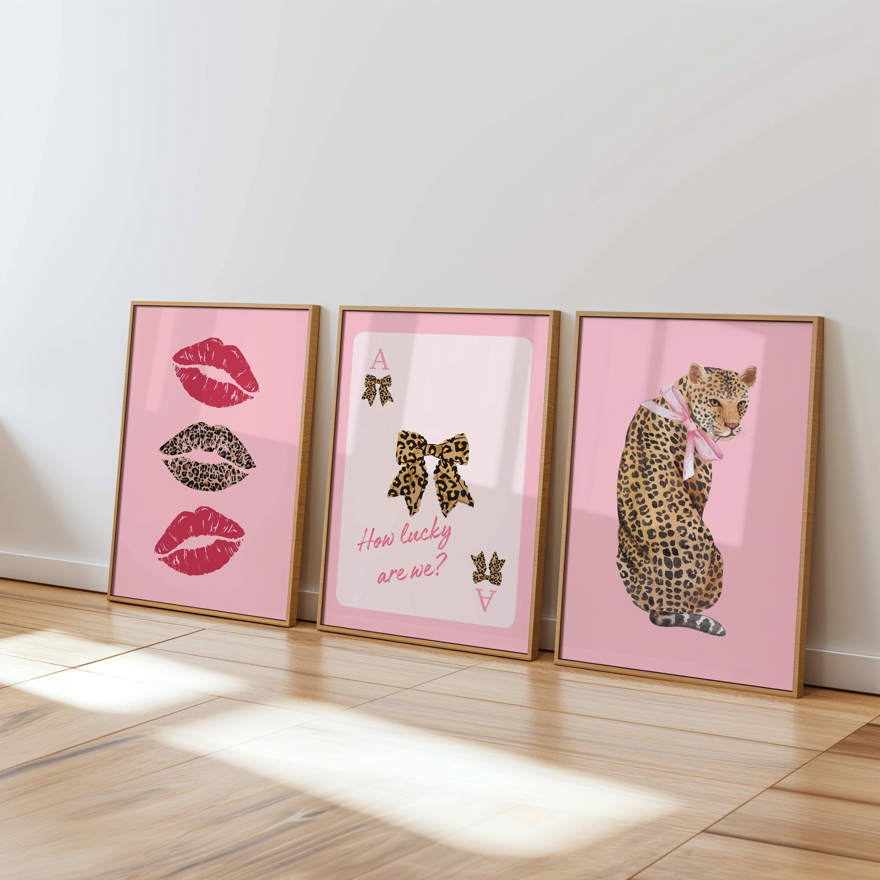 Pink Set of 3 Leopard Wall Art, Coquette Cheetah Kiss Print, Trendy Animal Print Poster, Girly Preppy Home Decor, Digital Download Wall Art