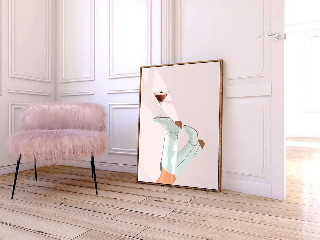 Pink Cowgirl Espresso Print, Preppy Western Wall Art, Cowgirl Boots, Pink Bar Cart Cocktail Poster, Espresso Martini Print, Bottoms Up
