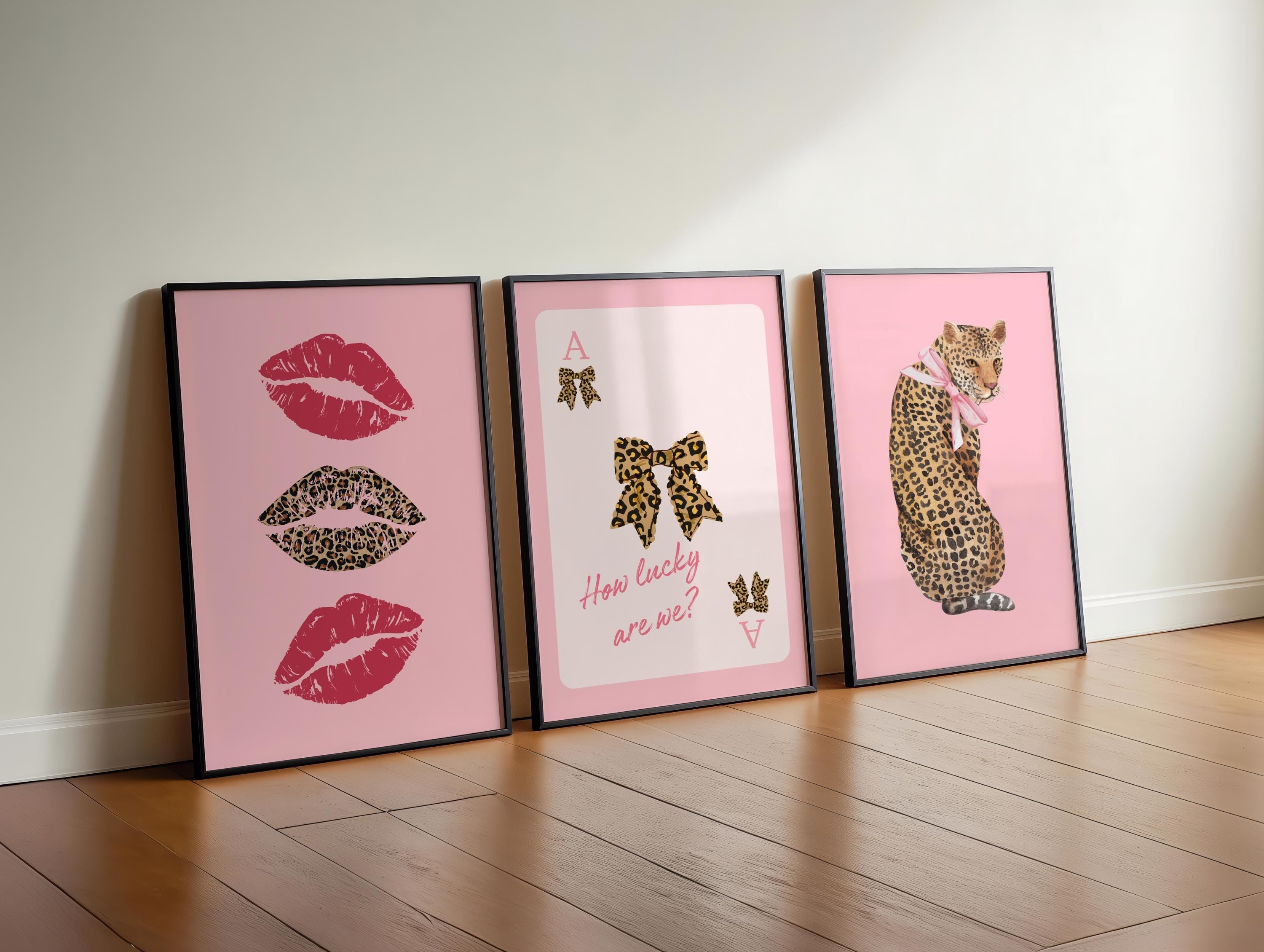 Pink Set of 3 Leopard Wall Art, Coquette Cheetah Kiss Print, Trendy Animal Print Poster, Girly Preppy Home Decor, Digital Download Wall Art