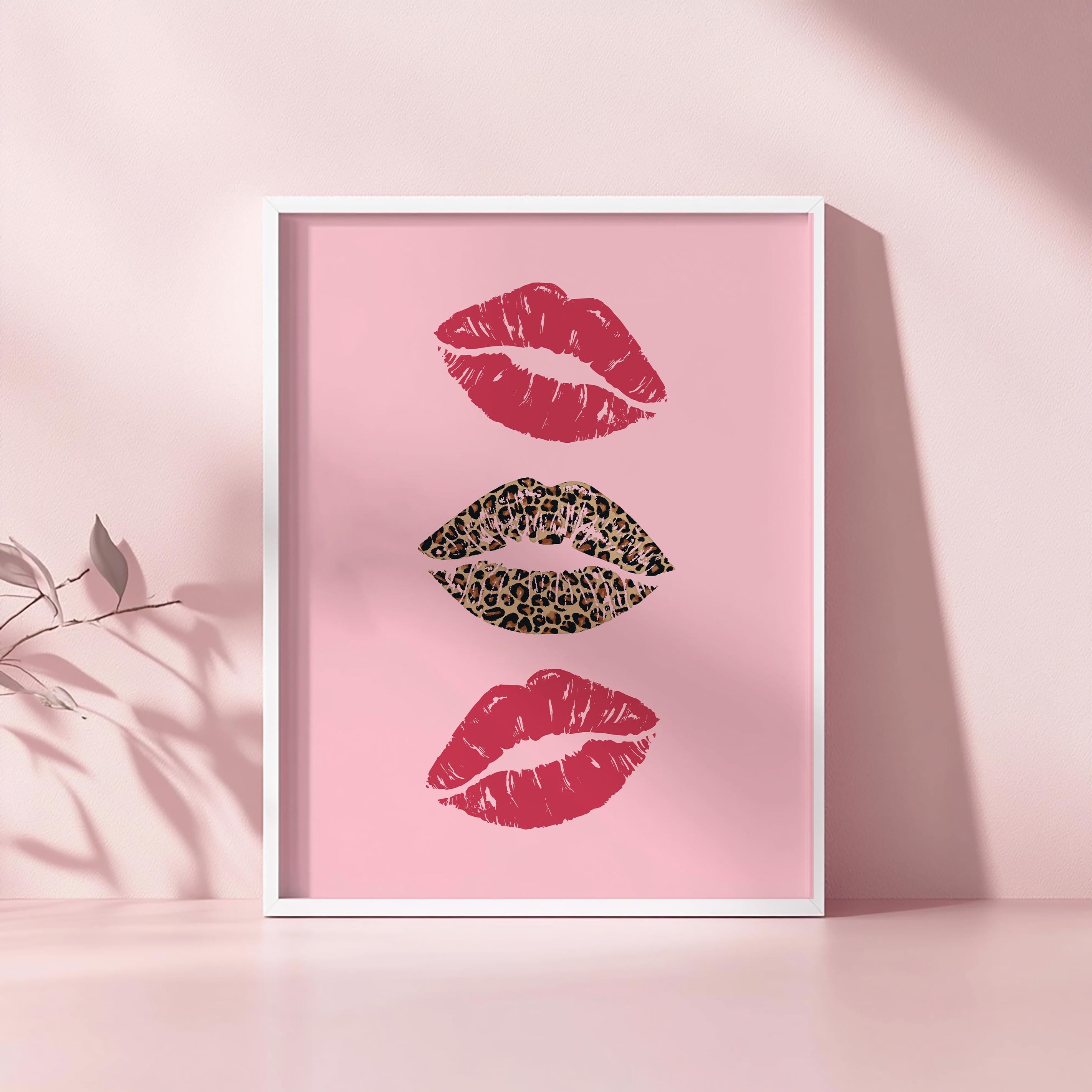 Pink Set of 3 Leopard Wall Art, Coquette Cheetah Kiss Print, Trendy Animal Print Poster, Girly Preppy Home Decor, Digital Download Wall Art
