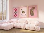Pink Set of 3 Leopard Wall Art, Coquette Cheetah Kiss Print, Trendy Animal Print Poster, Girly Preppy Home Decor, Digital Download Wall Art