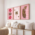 Pink Set of 3 Leopard Wall Art, Coquette Cheetah Kiss Print, Trendy Animal Print Poster, Girly Preppy Home Decor, Digital Download Wall Art