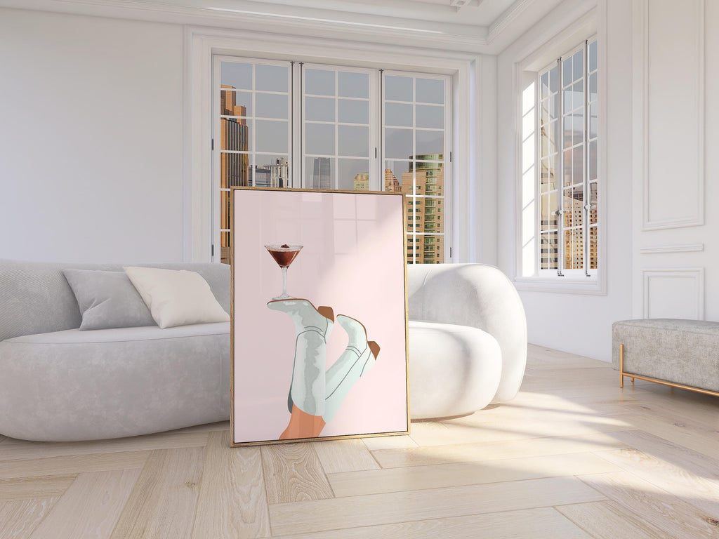 Pink Cowgirl Espresso Print, Preppy Western Wall Art, Cowgirl Boots, Pink Bar Cart Cocktail Poster, Espresso Martini Print, Bottoms Up