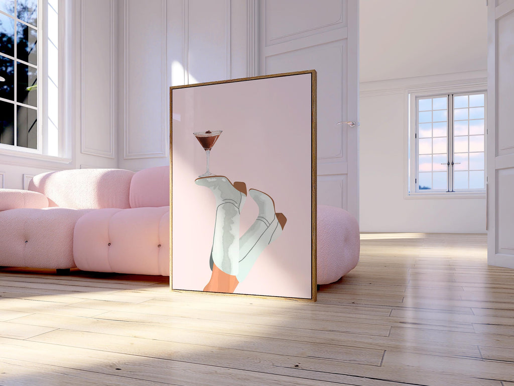 Pink Cowgirl Espresso Print, Preppy Western Wall Art, Cowgirl Boots, Pink Bar Cart Cocktail Poster, Espresso Martini Print, Bottoms Up