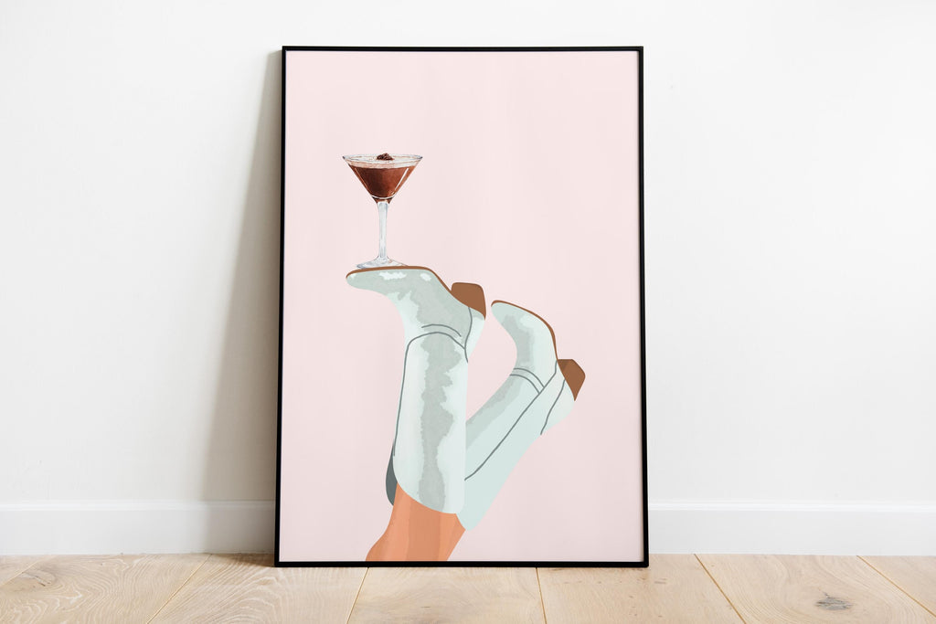 Pink Cowgirl Espresso Print, Preppy Western Wall Art, Cowgirl Boots, Pink Bar Cart Cocktail Poster, Espresso Martini Print, Bottoms Up