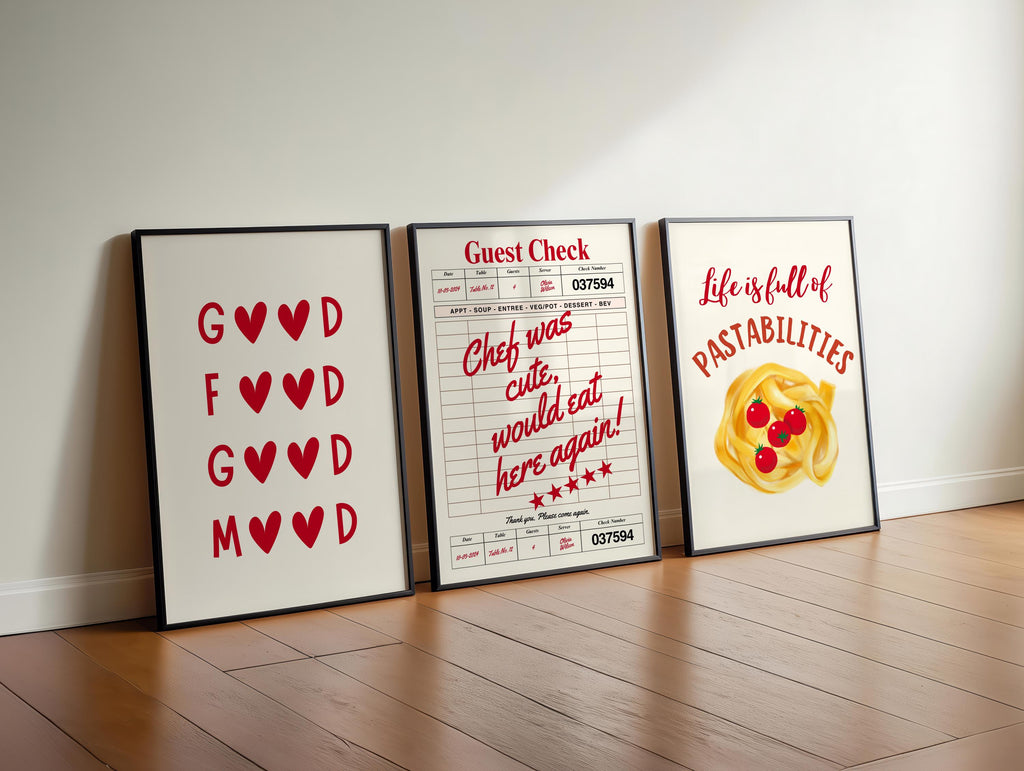 Aesthetic Kitchen Prints Set of 3 Life is Full of Pastabilities Red Kitchen Decor Kitchen Wall Art Typography Prints Trendy Kitchen Poster