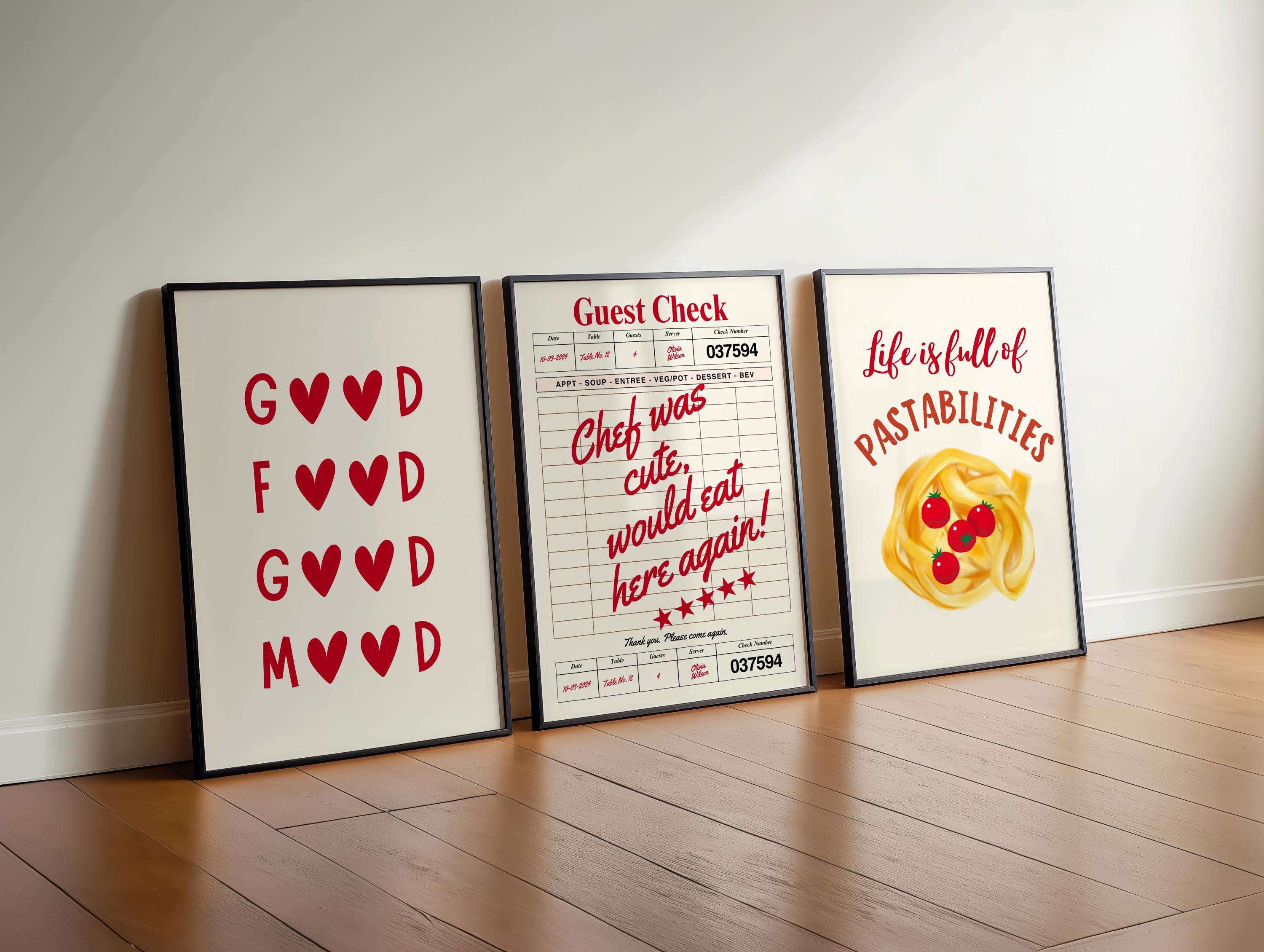 Aesthetic Kitchen Prints Set of 3 Life is Full of Pastabilities Red Kitchen Decor Kitchen Wall Art Typography Prints Trendy Kitchen Poster