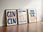 Set of 3 Kitchen Wall Art, Trendy Cin Cin Cheers Print, Retro Happy Hour Poster, Pasta Lover Food Print, Fun Bar Cart Gift DIGITAL DOWNLOAD