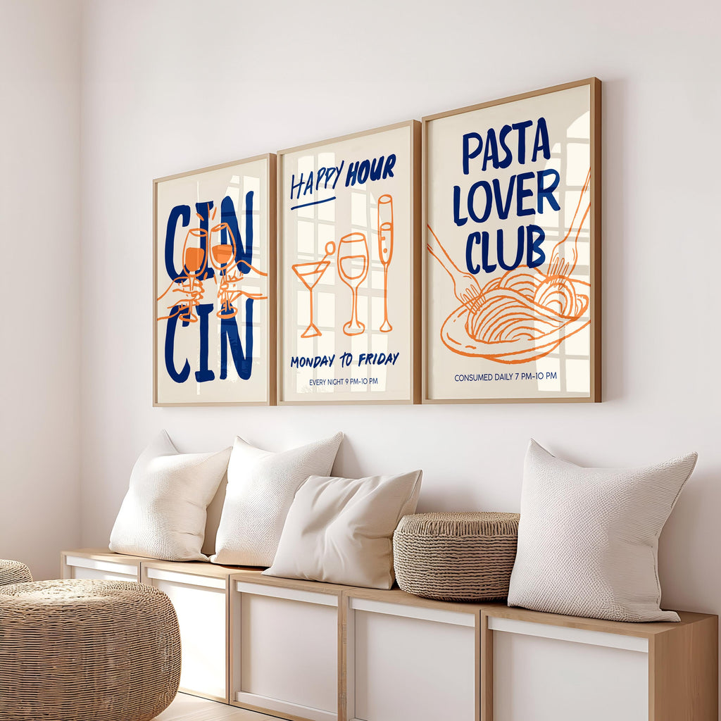 Set of 3 Kitchen Wall Art, Trendy Cin Cin Cheers Print, Retro Happy Hour Poster, Pasta Lover Food Print, Fun Bar Cart Gift DIGITAL DOWNLOAD