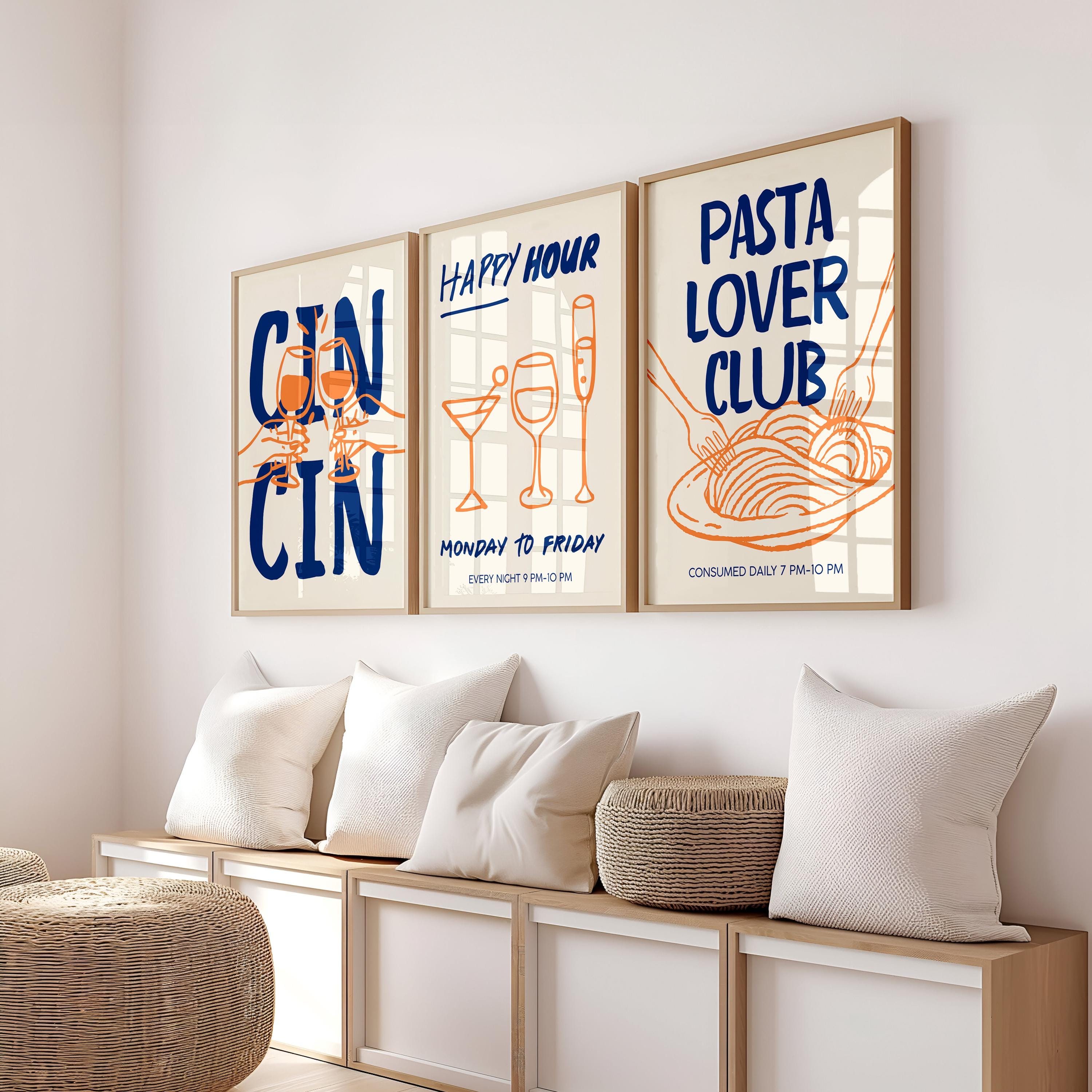 Set of 3 Kitchen Wall Art, Trendy Cin Cin Cheers Print, Retro Happy Hour Poster, Pasta Lover Food Print, Fun Bar Cart Gift DIGITAL DOWNLOAD