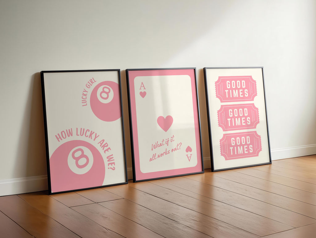 Set of 3 Pink Lucky 8 Ball Ace Card Trendy Wall Art Print, Ace of Hearts, Good Times Tickets, Retro Trendy Aesthetic Poster DIGITAL DOWNLOAD