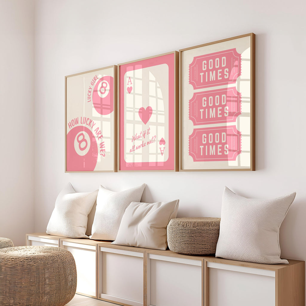 Set of 3 Pink Lucky 8 Ball Ace Card Trendy Wall Art Print, Ace of Hearts, Good Times Tickets, Retro Trendy Aesthetic Poster DIGITAL DOWNLOAD