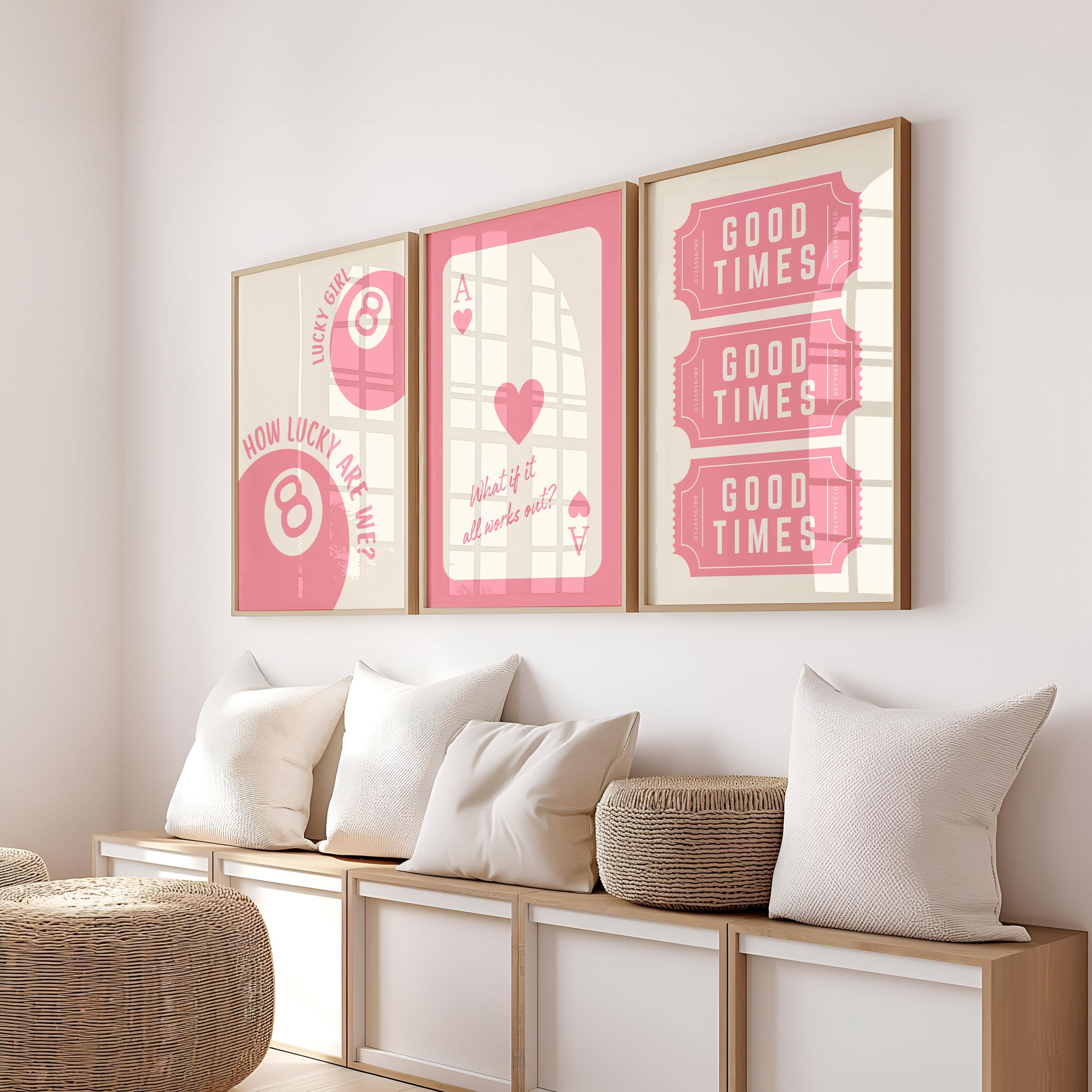 Set of 3 Pink Lucky 8 Ball Ace Card Trendy Wall Art Print, Ace of Hearts, Good Times Tickets, Retro Trendy Aesthetic Poster DIGITAL DOWNLOAD