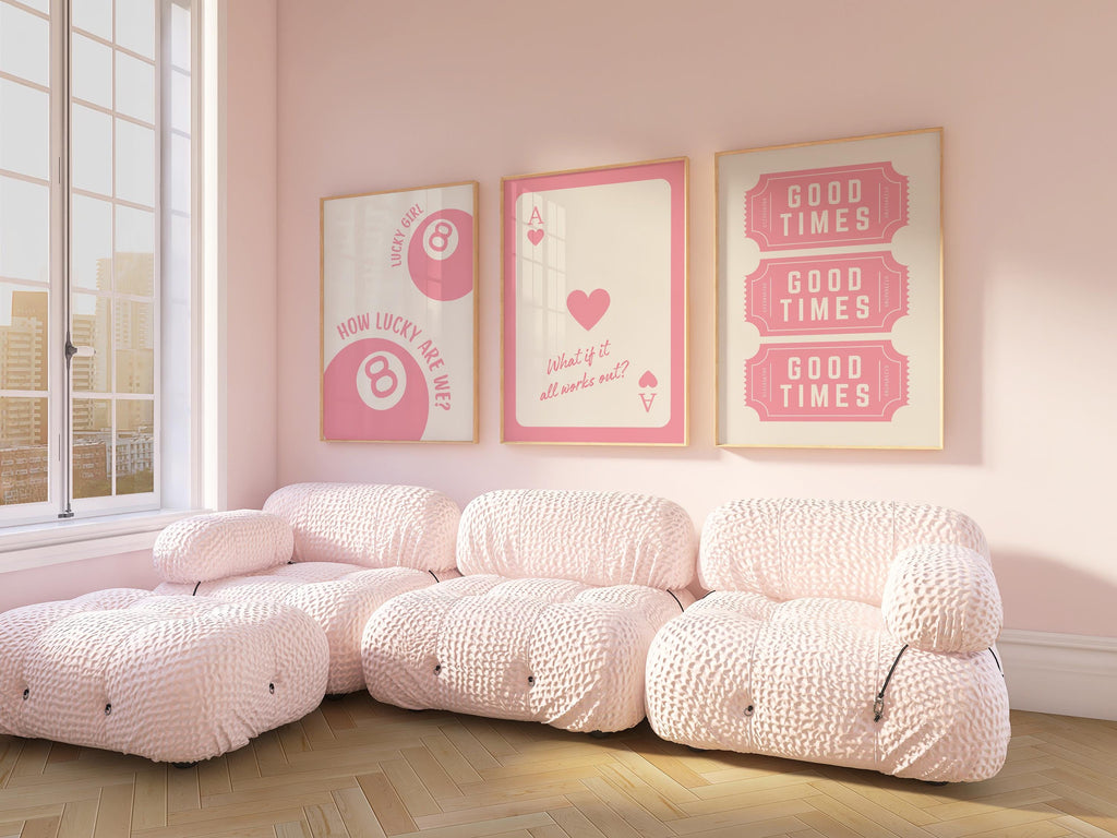 Set of 3 Pink Lucky 8 Ball Ace Card Trendy Wall Art Print, Ace of Hearts, Good Times Tickets, Retro Trendy Aesthetic Poster DIGITAL DOWNLOAD