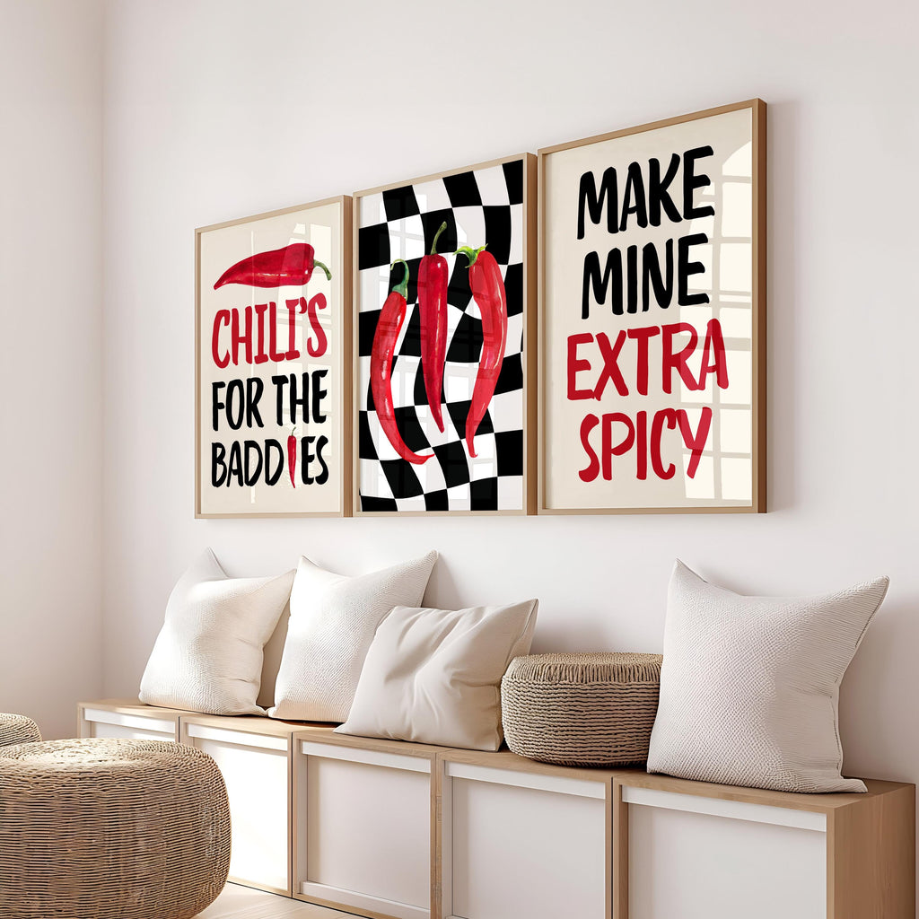 Kitchen Wall Art Spicy Chilli Print, Set of 3 Kitchen Prints, Typography Art, Trendy Wall Art, Restaurant Decor, Bar Cart Art, DIGITAL ART