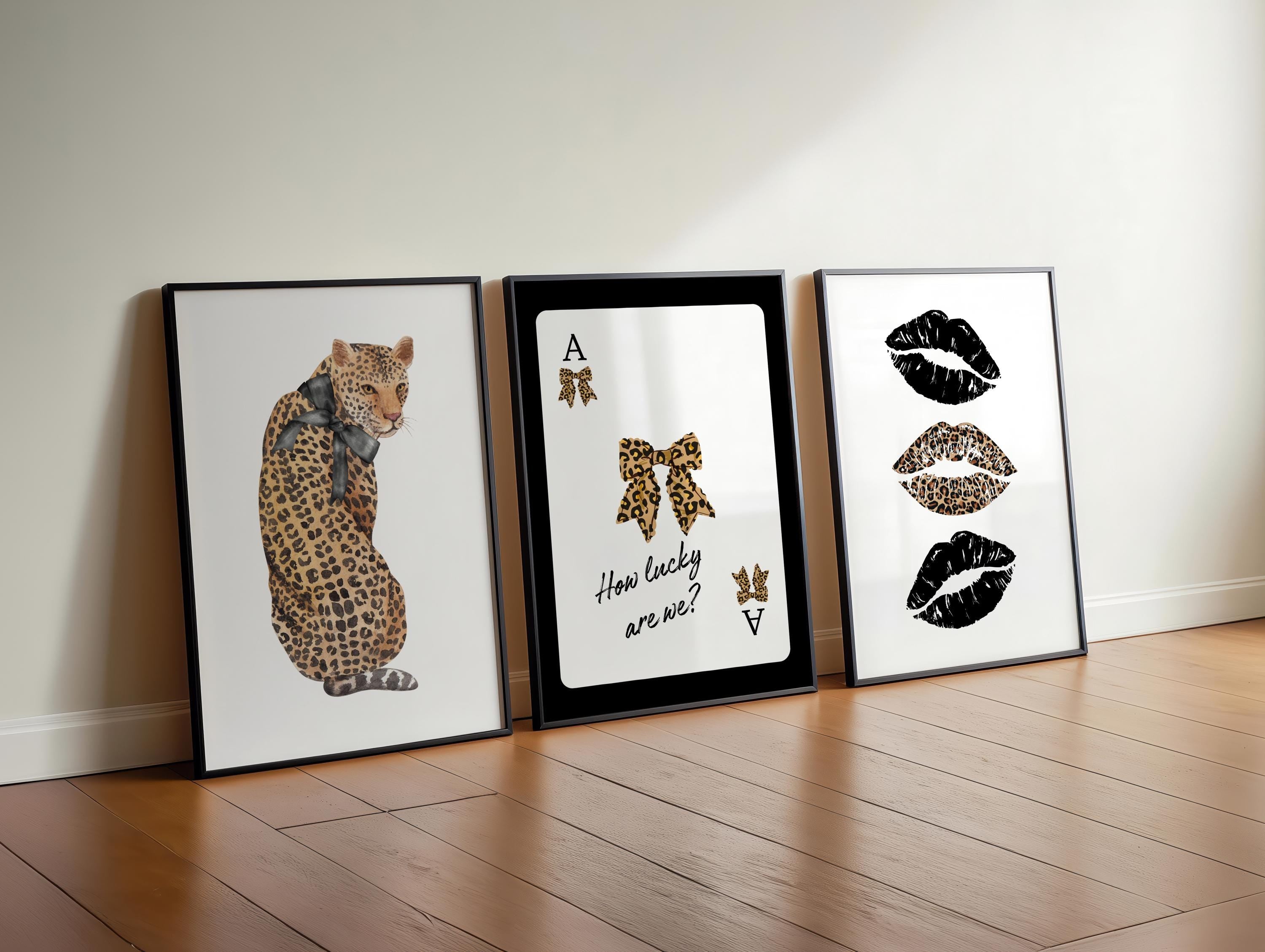 Leopard Wall Art Set of 3, Bow Ace Card Poster, How Lucky Are We Print, Trendy Cheetah Kiss Print, Retro Cheetah Wall Art, Girly Dorm Decor