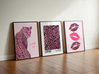 Pink Leopard kiss kiss Poster Lucky Me Trendy Wall Gallery Set of 3 Leopard Wall Art Cheetah Print Preppy Cheetah Print Poster Digital