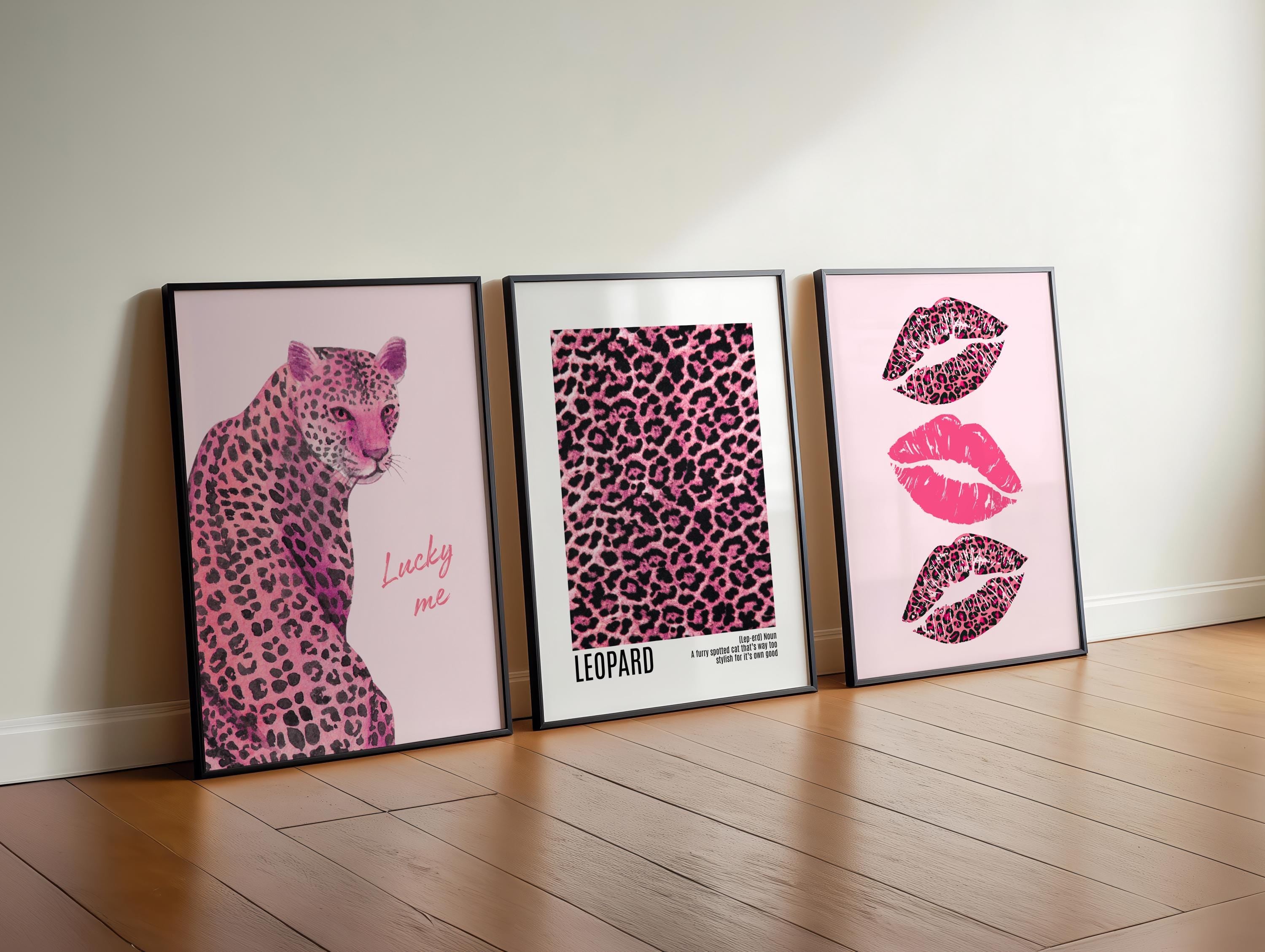 Pink Leopard kiss kiss Poster Lucky Me Trendy Wall Gallery Set of 3 Leopard Wall Art Cheetah Print Preppy Cheetah Print Poster Digital