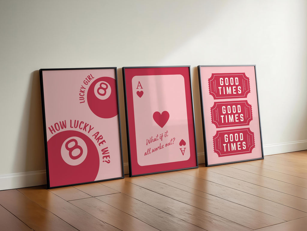 Retro Casino Wall Art Set of 3 Prints, Vintage Lucky 8 Ball, Ace of Hearts and Good Times Tickets, Red Pink Gallery Wall Artwork DIGITAL