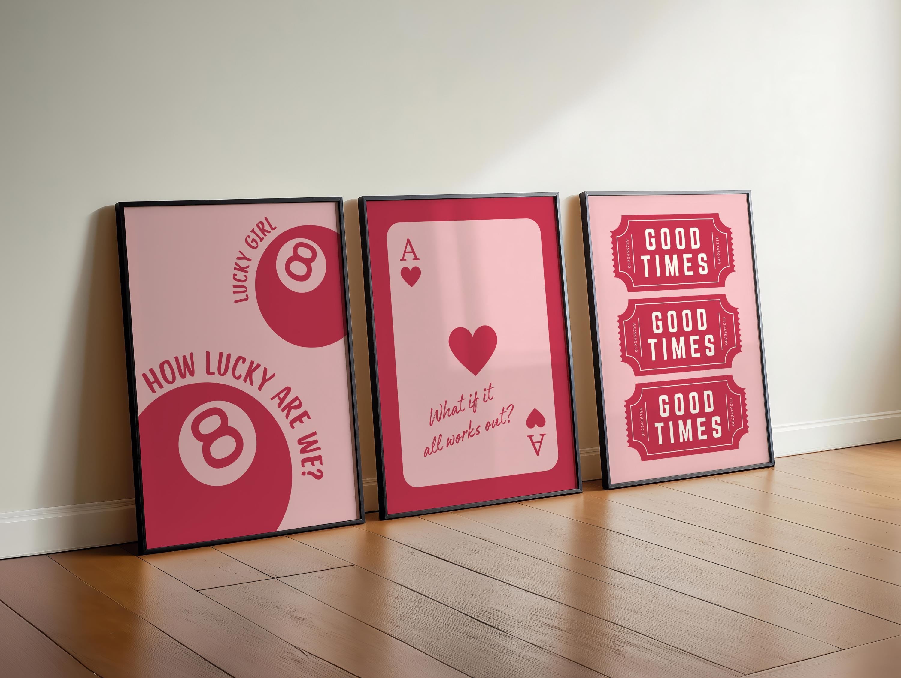 Retro Casino Wall Art Set of 3 Prints, Vintage Lucky 8 Ball, Ace of Hearts and Good Times Tickets, Red Pink Gallery Wall Artwork DIGITAL