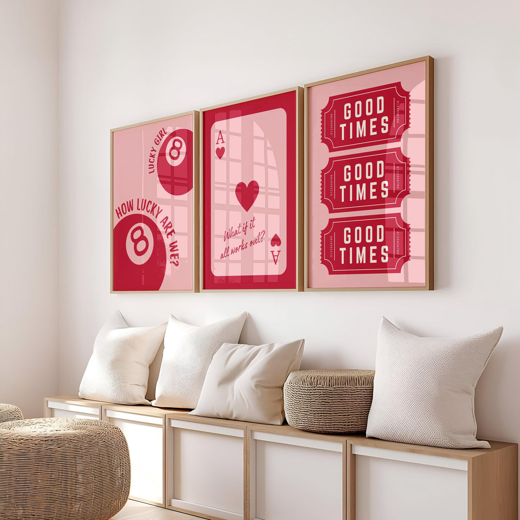 Retro Casino Wall Art Set of 3 Prints, Vintage Lucky 8 Ball, Ace of Hearts and Good Times Tickets, Red Pink Gallery Wall Artwork DIGITAL