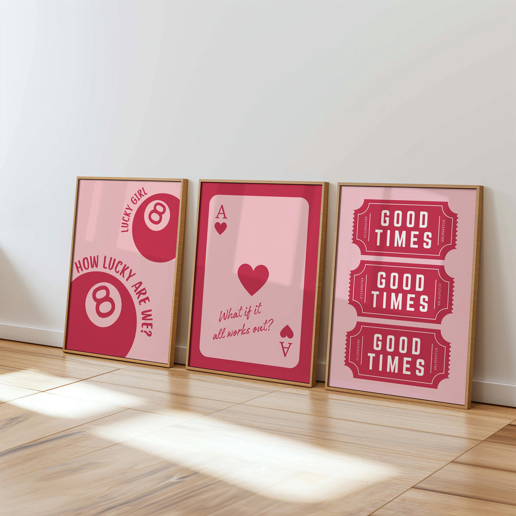 Retro Casino Wall Art Set of 3 Prints, Vintage Lucky 8 Ball, Ace of Hearts and Good Times Tickets, Red Pink Gallery Wall Artwork DIGITAL