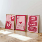 Retro Casino Wall Art Set of 3 Prints, Vintage Lucky 8 Ball, Ace of Hearts and Good Times Tickets, Red Pink Gallery Wall Artwork DIGITAL