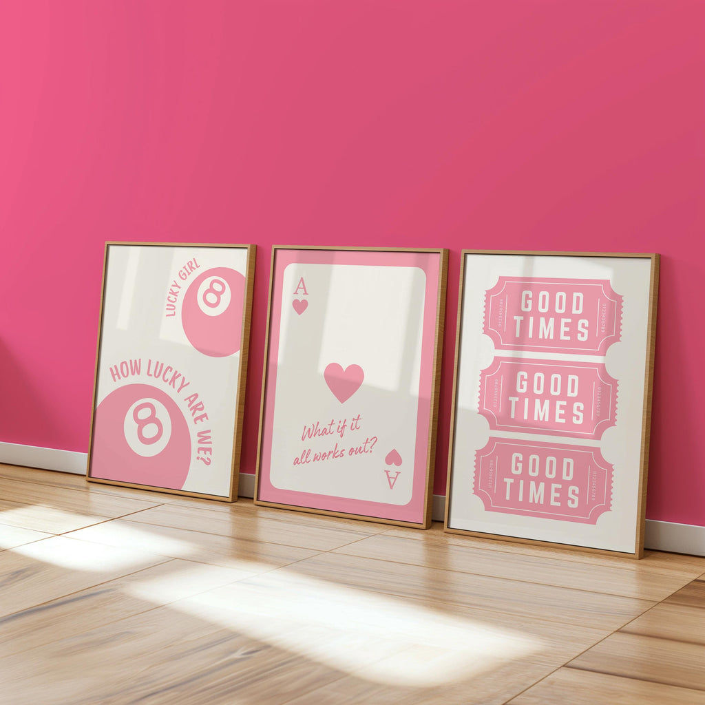Set of 3 Pink Lucky 8 Ball Ace Card Trendy Wall Art Print, Ace of Hearts, Good Times Tickets, Retro Trendy Aesthetic Poster DIGITAL DOWNLOAD