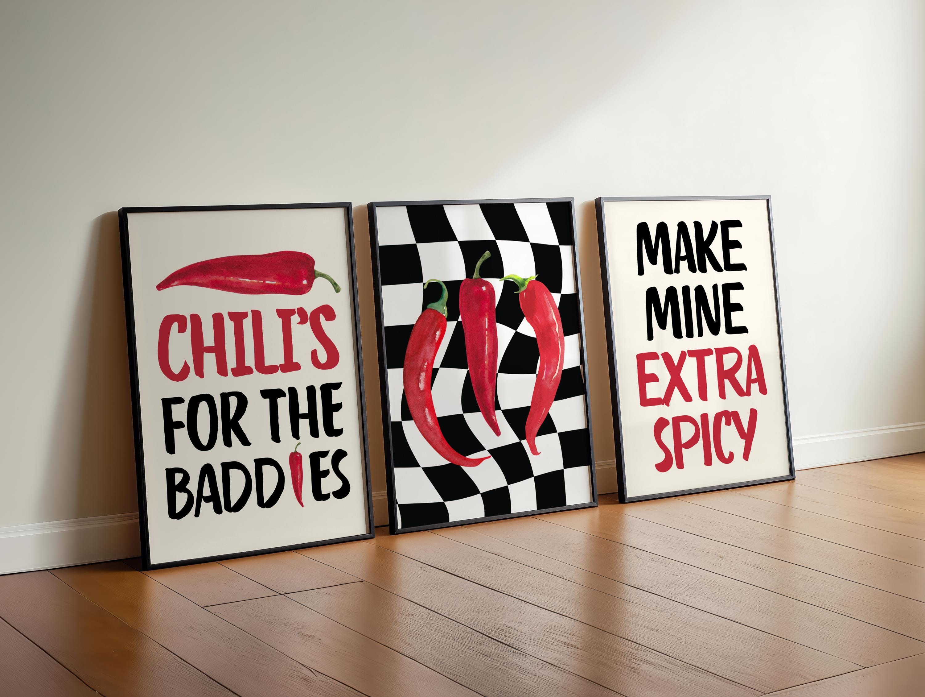 Kitchen Wall Art Spicy Chilli Print, Set of 3 Kitchen Prints, Typography Art, Trendy Wall Art, Restaurant Decor, Bar Cart Art, DIGITAL ART