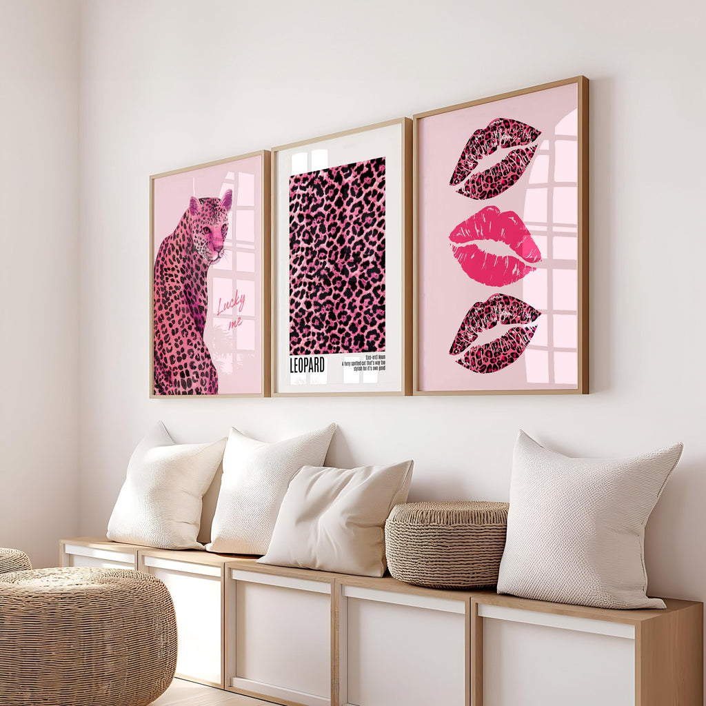 Pink Leopard kiss kiss Poster Lucky Me Trendy Wall Gallery Set of 3 Leopard Wall Art Cheetah Print Preppy Cheetah Print Poster Digital