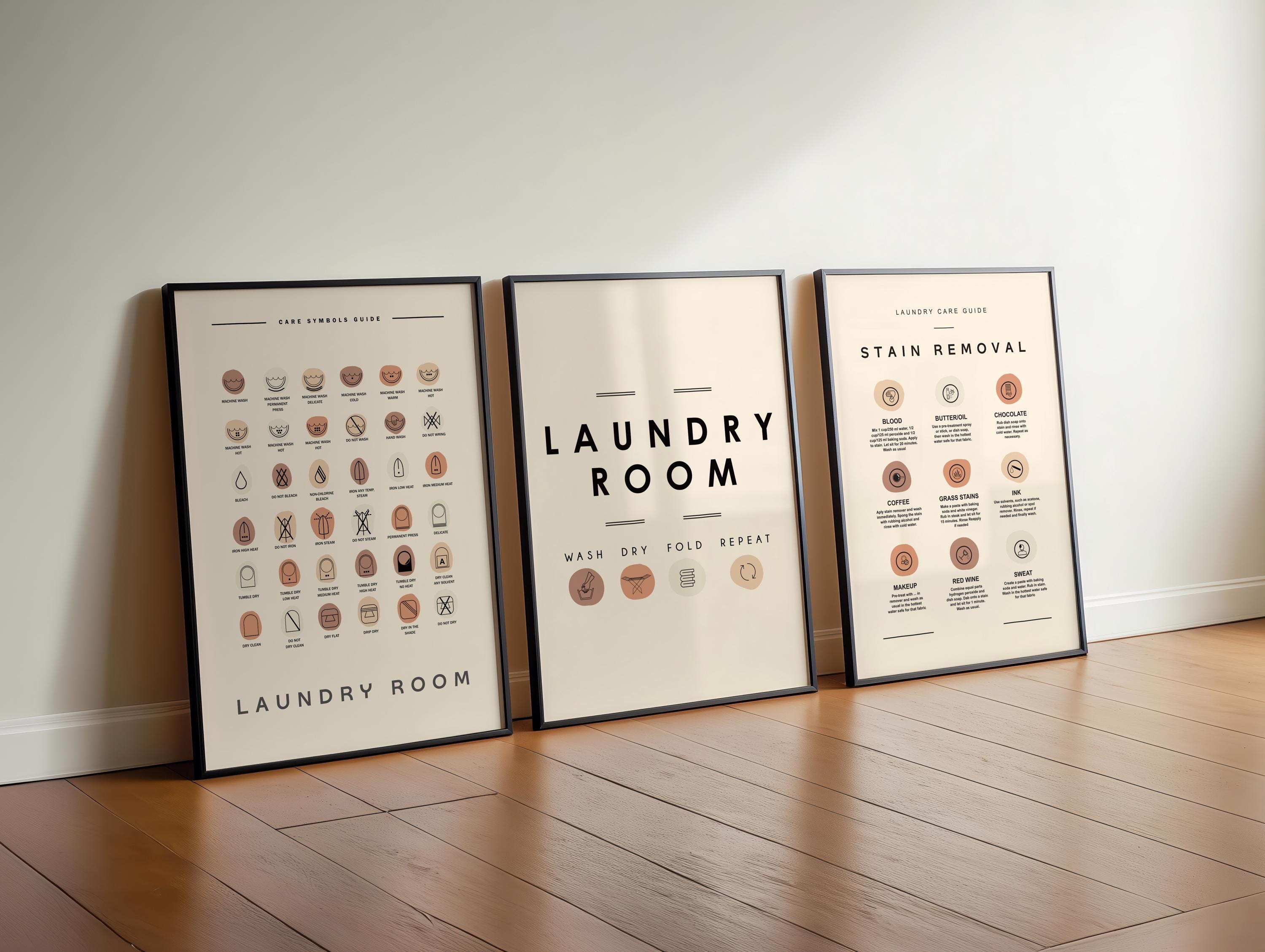 Laundry Room Sign Set of 3 Print Laundry Printable Laundry wall art Laundry Care Guide, Laundry Symbol Home Organization Digital Download