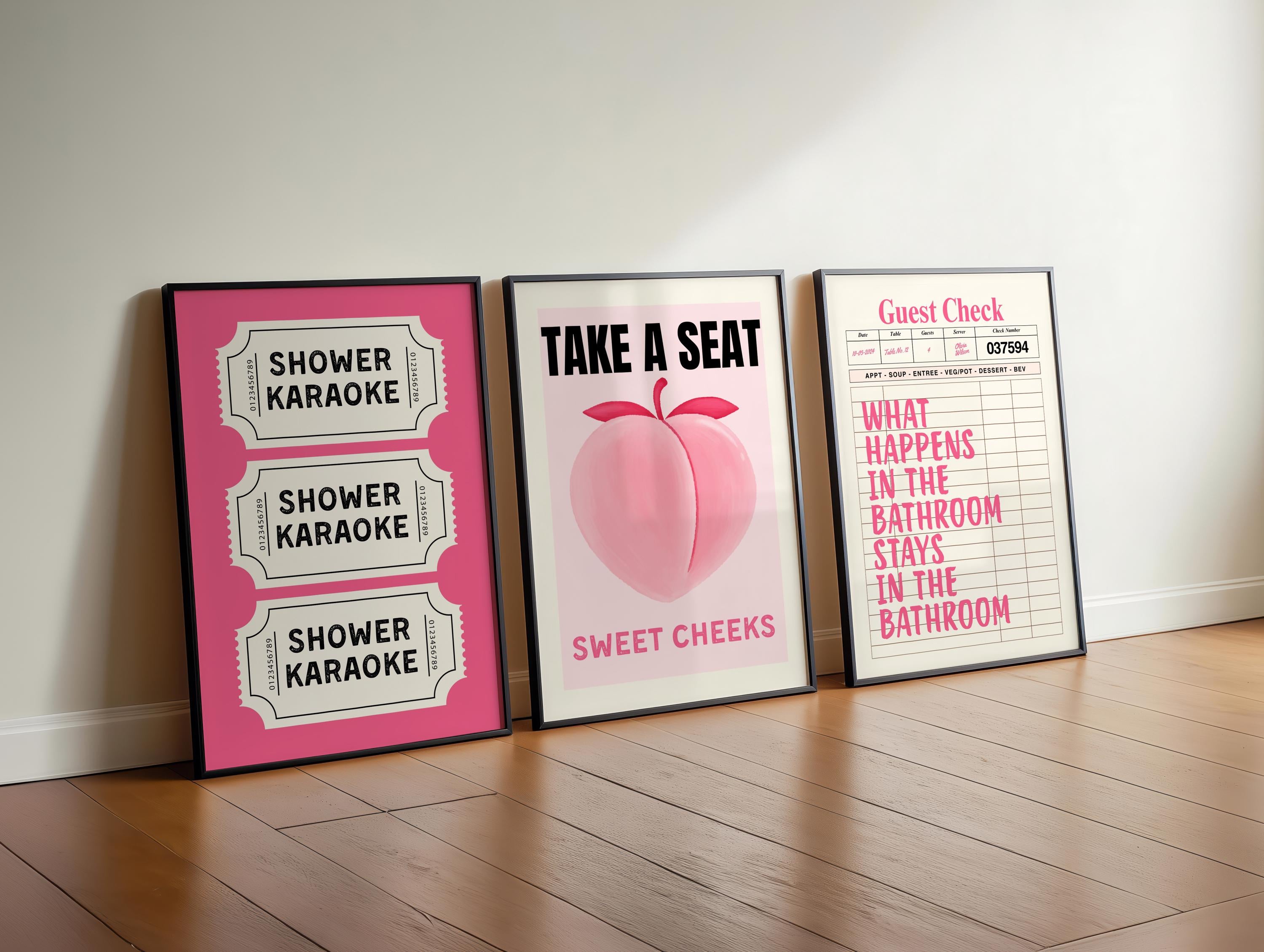 Funny Pink Bathroom Set of 3 Prints Ticket Bathroom Wall Art Trendy Bathroom Prints Sweet Cheeks Poster Bathroom Wall Art Nice Bum DIGITAL