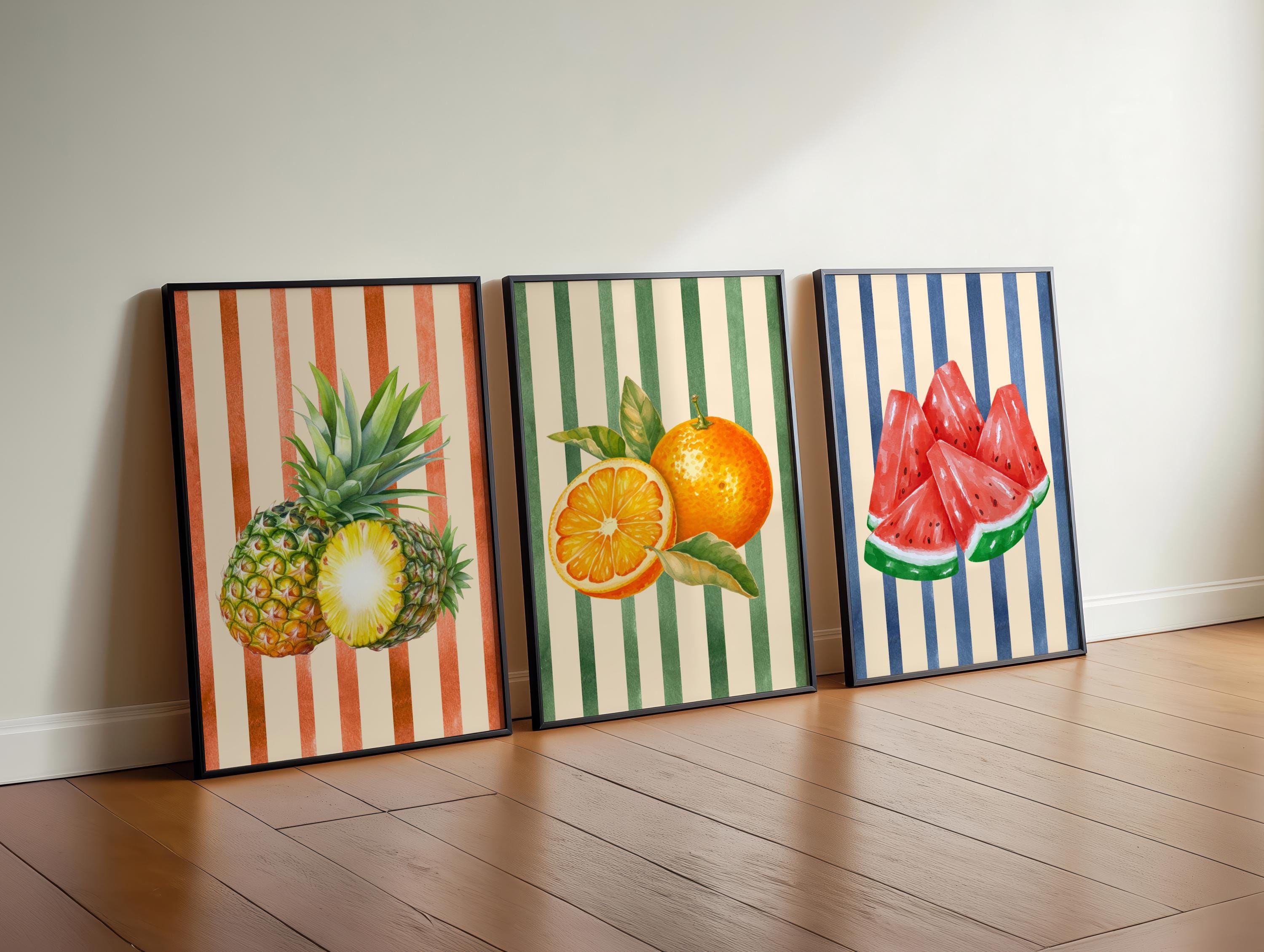 Retro Fruit Abstract Kitchen Art Print Set of 3 Gallery Minimalist Wall Art Orange Watermelon Pineapple Fruit Market Print Digital Download