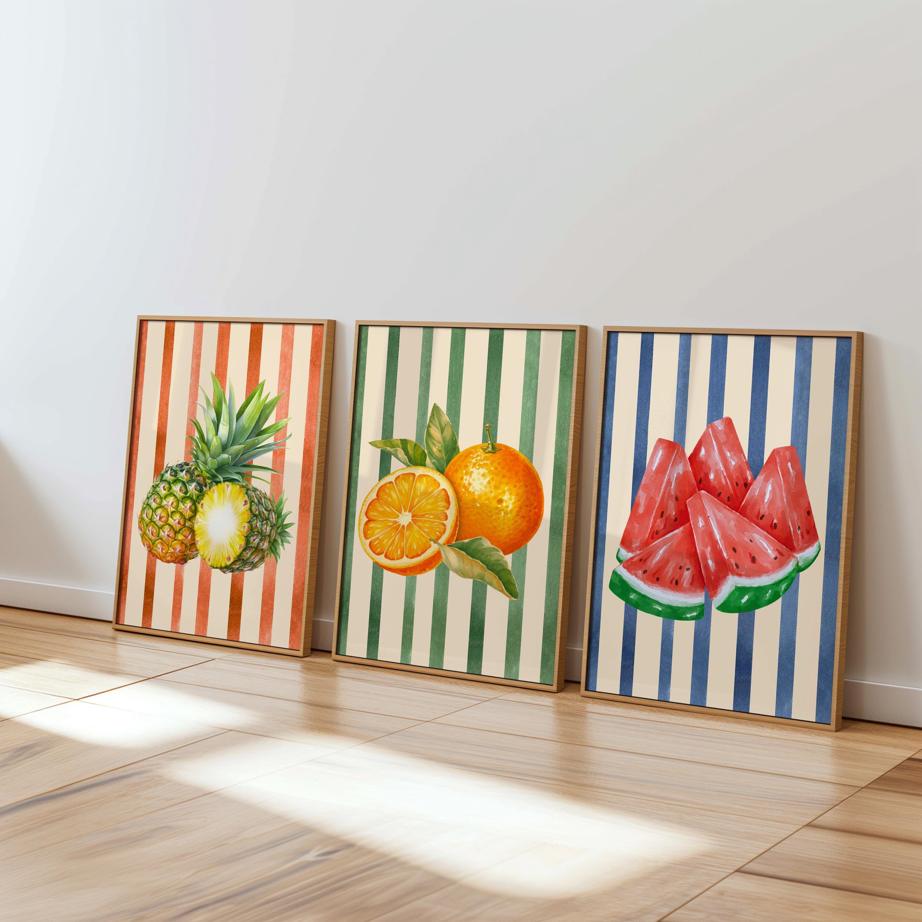 Retro Fruit Abstract Kitchen Art Print Set of 3 Gallery Minimalist Wall Art Orange Watermelon Pineapple Fruit Market Print Digital Download