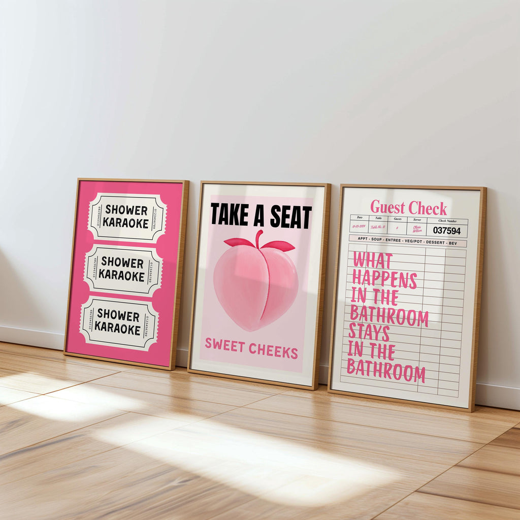 Funny Pink Bathroom Set of 3 Prints Ticket Bathroom Wall Art Trendy Bathroom Prints Sweet Cheeks Poster Bathroom Wall Art Nice Bum DIGITAL