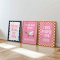 Dopamine Decor Wall Art Set of 3, Funky Pink Prints, Cool People Live Here Poster, Retro Quote Art, Maximalist Apartment Decor, Trendy Print