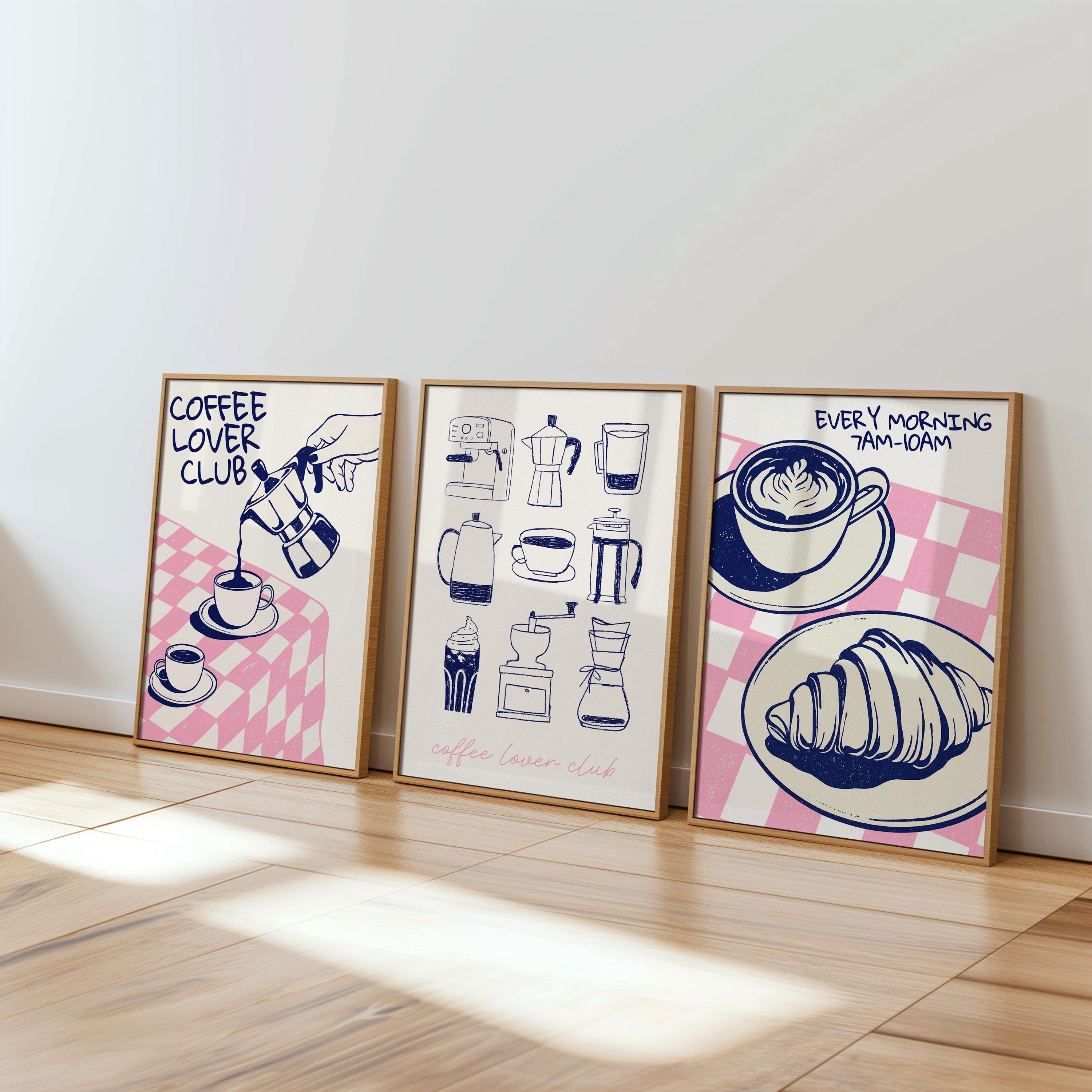 Set Of 3 Coffee Lover Club Wall Art, Retro Coffee Poster, Coffee Cart Print, Coffee Station Decor, Coffee Lover Gift, Coffee Bar Print Art